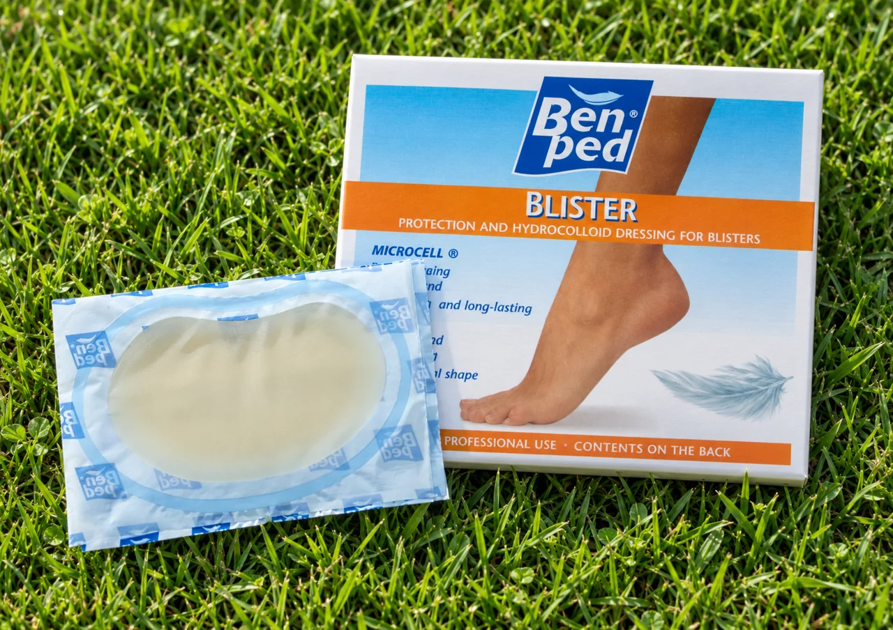 Ben·ped Blister-verpakking en een individueel verpakte pleister in het gras