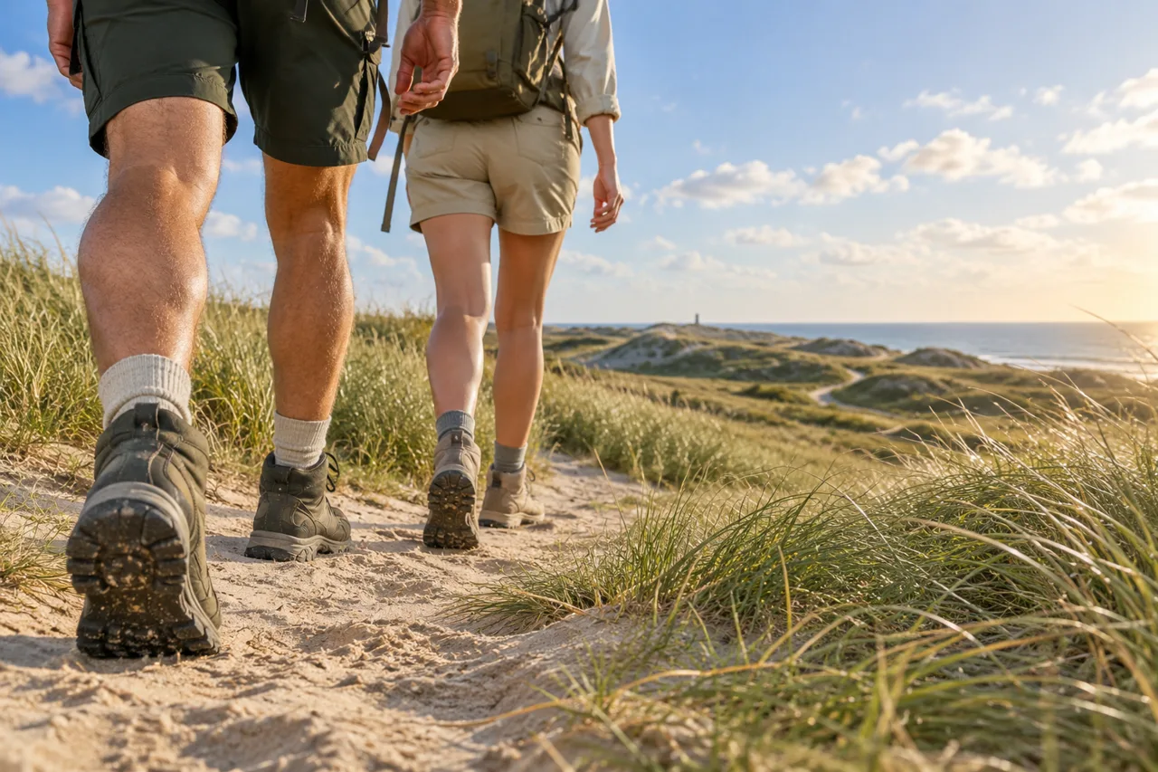 Twee wandelaars op een zandpad door de duinen